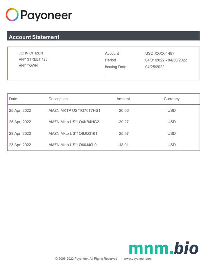 Wyciąg z konta PayPal USA